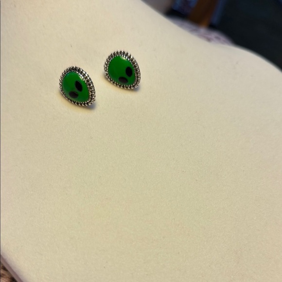 Green and Sterling Silver Alien Stud Earrings - Picture 1 of 4